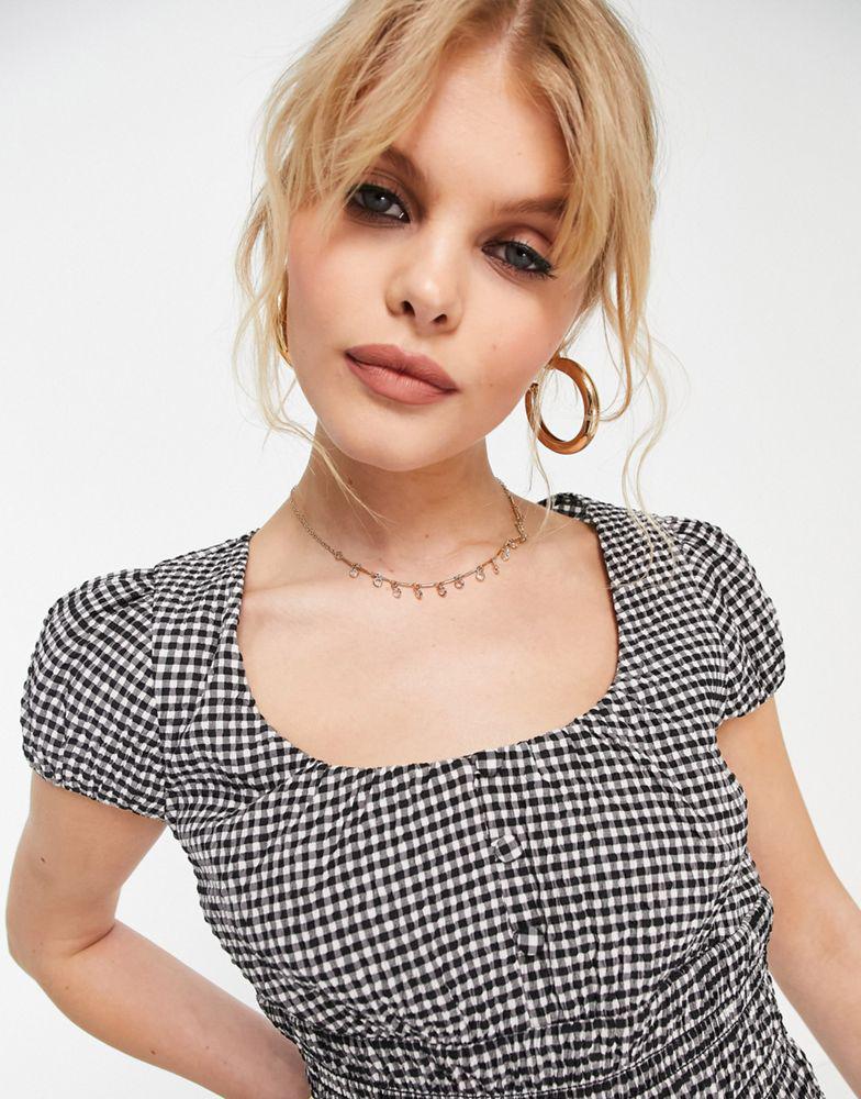 Topshop shirred cap sleeve gingham tea top in monochrome商品第2张图片规格展示