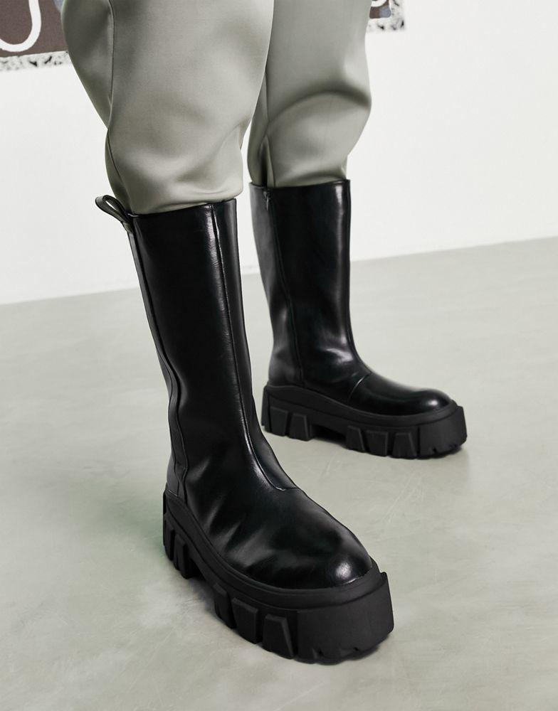 商品ASOS|ASOS DESIGN chelsea calf boots on chunky sole in black faux leather,价格¥343,第6张图片详细描述