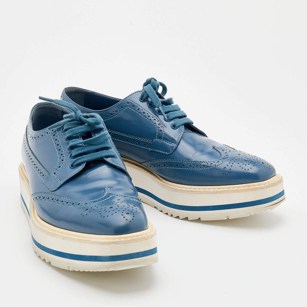 Prada Blue Brogue Leather Wingtip Platform Derby Sneakers Size 39.5商品第4张图片规格展示