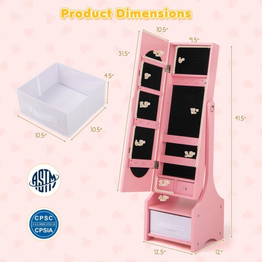 商品Hivvago|Freestanding Kids Jewelry Armoire Cabinet with Storage and 2 Tilt Angles-Pink,价格¥897,第5张图片详细描述