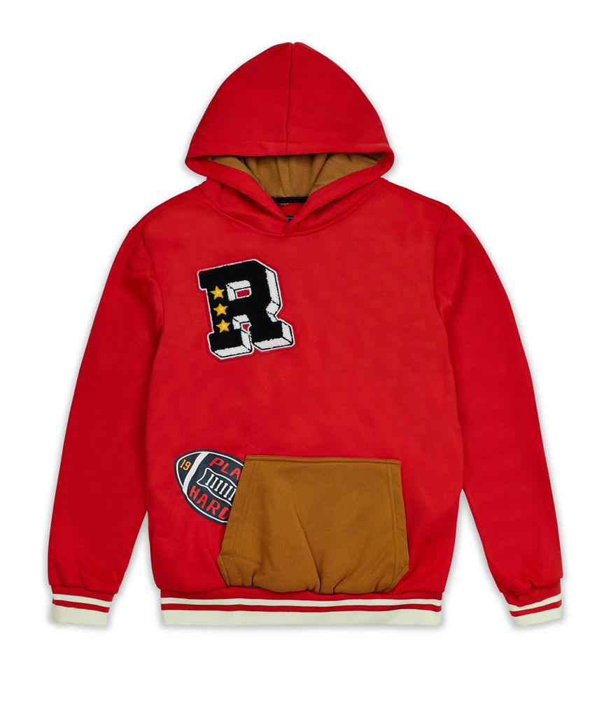 Play Hard Patched Faux Suede Pockets Hoodie - Red商品第4张图片规格展示