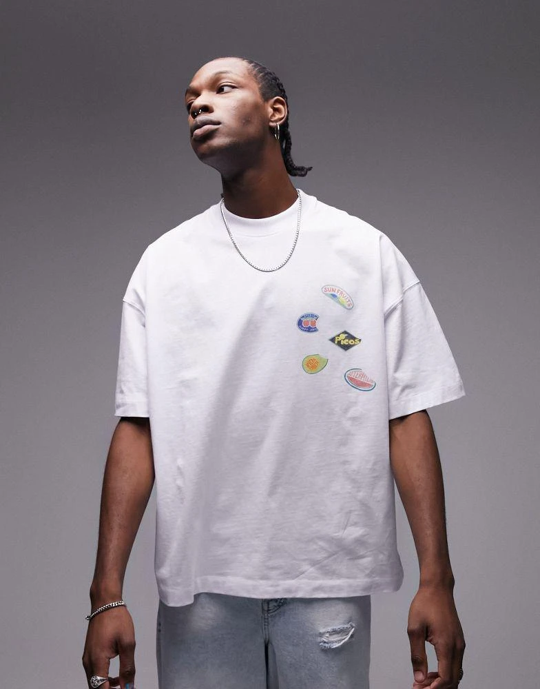 商品Topman|Topman extreme oversized fit t-shirt with front and back fruit sticker print in white,价格¥240,第1张图片