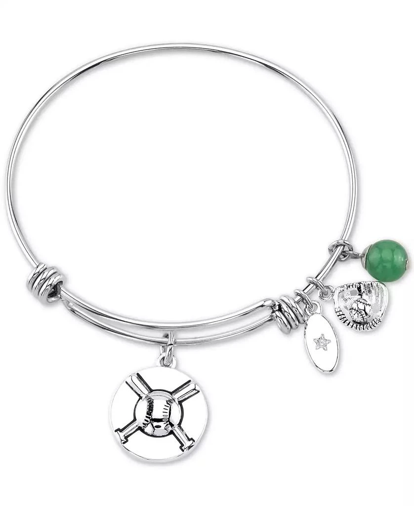 商品Unwritten|Baseball Charm and Green Aventurine (8mm) Bangle Bracelet in Stainless Steel Silver Plated Charms,价格¥105,第1张图片