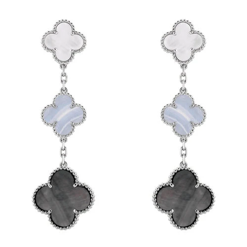 商品Van Cleef & Arpels| Van Cleef & Arpels/梵克雅宝 经典Magic Alhambra系列 18k金白金白色灰色珍珠母贝玉髓3四叶草耳坠耳环VCARN18800,价格¥84106,第1张图片