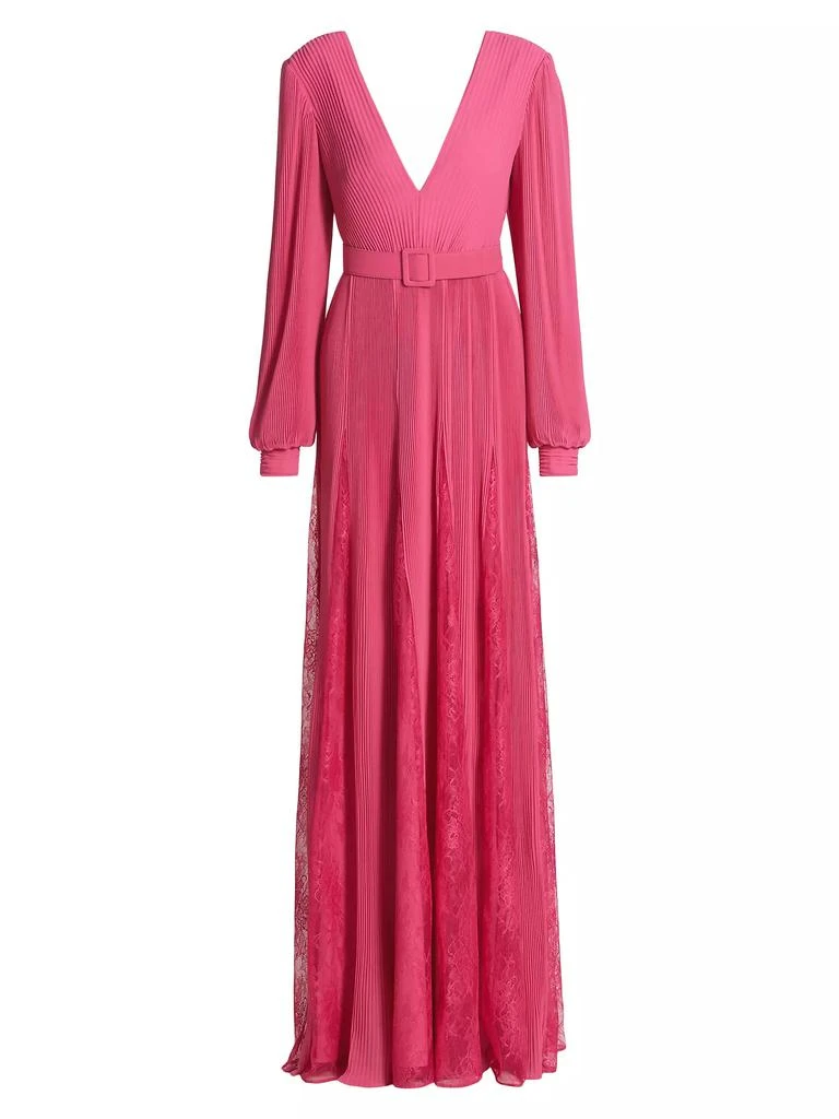 商品Badgley Mischka|Plissé Georgette & Lace Godet Belted Gown,价格¥7418,第1张图片