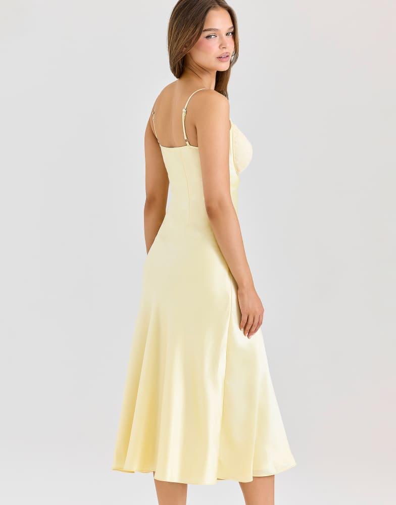 house of cb yellow satin dress House OF CB Felicity Floral-Print Satin Midi Dress