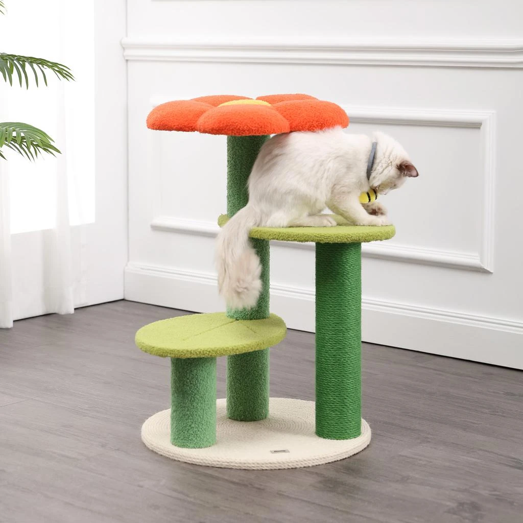 商品THE LICKER STORE|Poppy 29" 3-Tier Modern Jute Flower Cat Tree with Dangling Toy, Orange/Green,价格¥1248,第3张图片详细描述