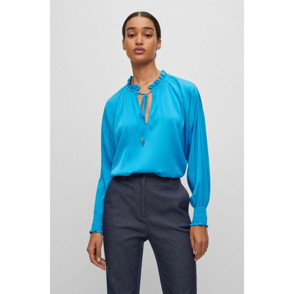 商品Hugo Boss|Relaxed-fit blouse in stretch silk with tie front,价格¥936,第3张图片详细描述