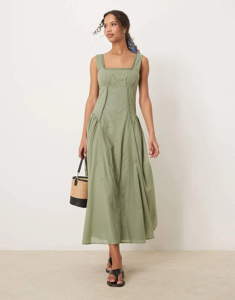 商品ASOS|ASOS DESIGN prairie square neck midaxi dress with dropped waist in khaki,价格¥358,第1张图片