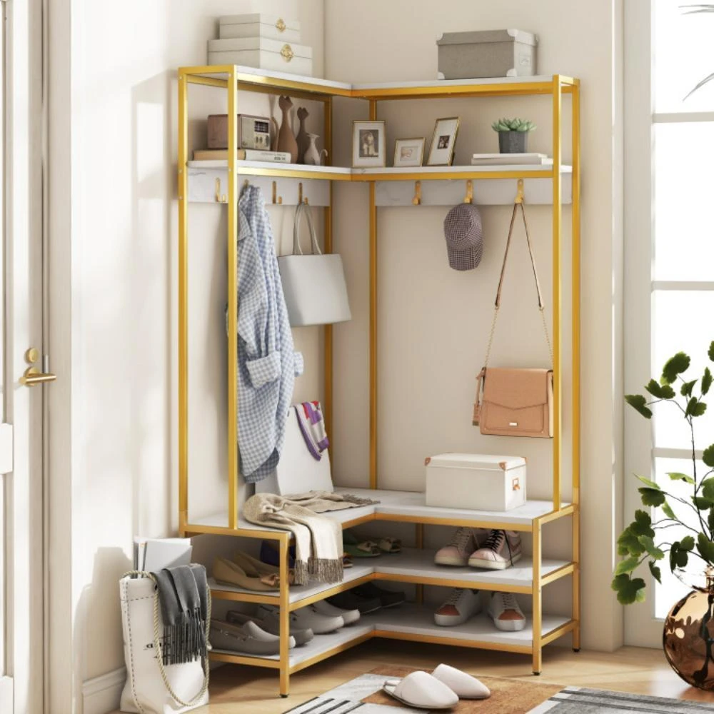 商品Hivvago|Corner Garment Rack with Open Shelves and 7 Hooks Shoe Bench-White,价格¥1645,第3张图片详细描述