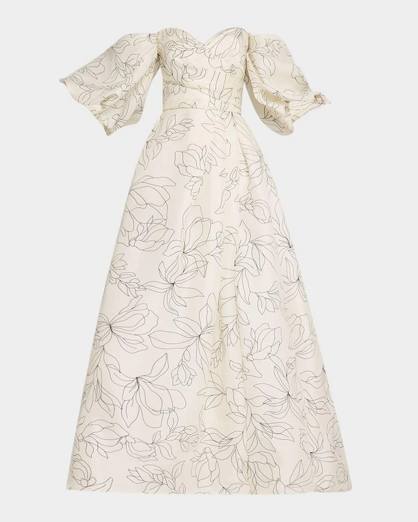 商品Monique Lhuillier|Off-The-Shoulder Floral Blouson-Sleeve Ball Gown,价格¥54005,第1张图片