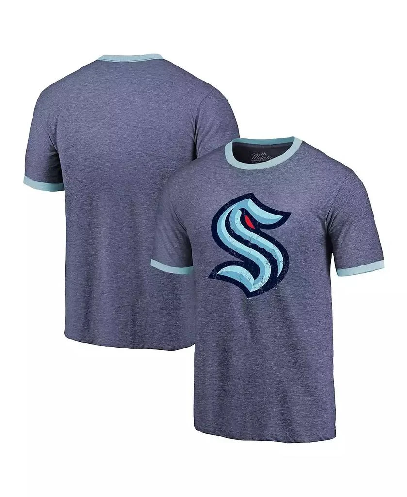 商品Majestic|Men's Threads Heathered Deep Sea Blue Seattle Kraken Ringer Contrast Tri-Blend T-shirt,价格¥290,第1张图片