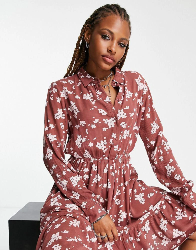 商品VERO MODA|Vero Moda long sleeve mini shirt dress in mahogany print,价格¥126,第4张图片详细描述