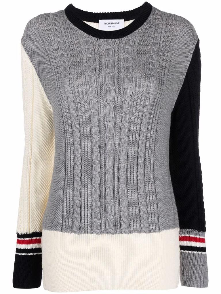 THOM BROWNE WOMEN FUNMIX PULLOVER W/ RWB STRIPE IN IRISH CABLE STITCH SUSTAINABLE MERINO WOOL商品第1张图片规格展示