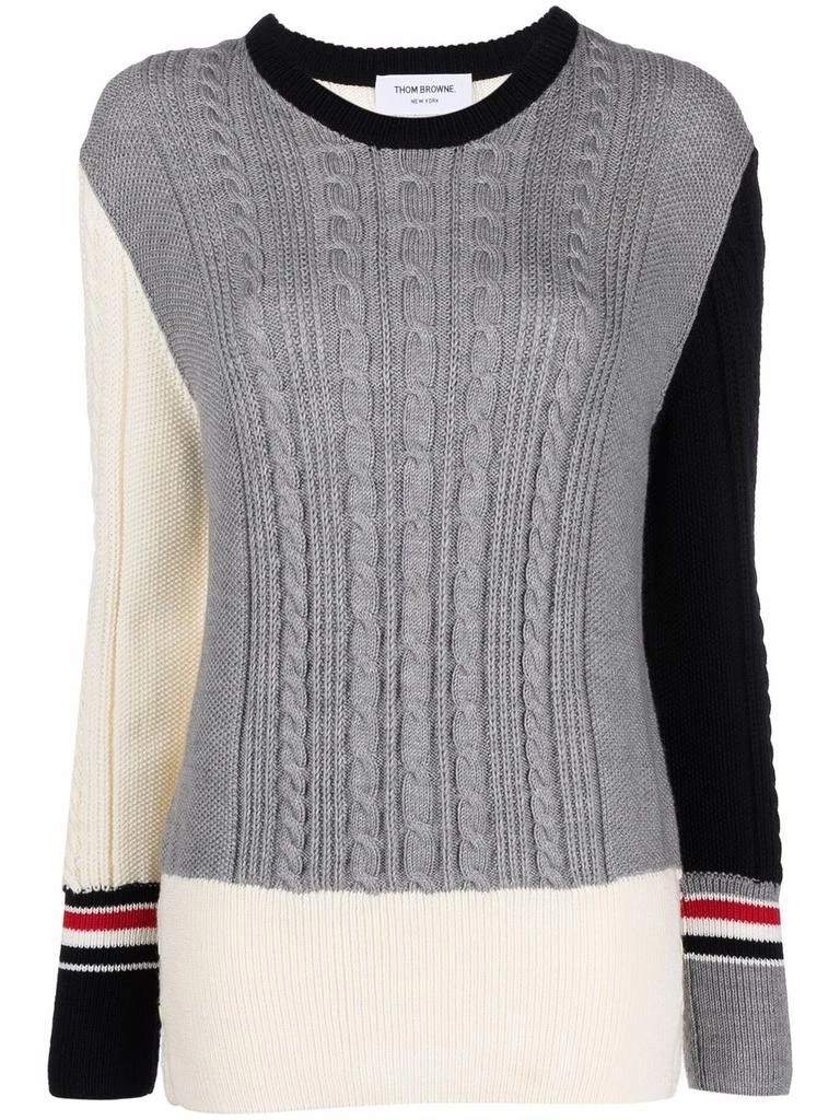 商品Thom Browne|THOM BROWNE WOMEN FUNMIX PULLOVER W/ RWB STRIPE IN IRISH CABLE STITCH SUSTAINABLE MERINO WOOL,价格¥2693,第5张图片详细描述