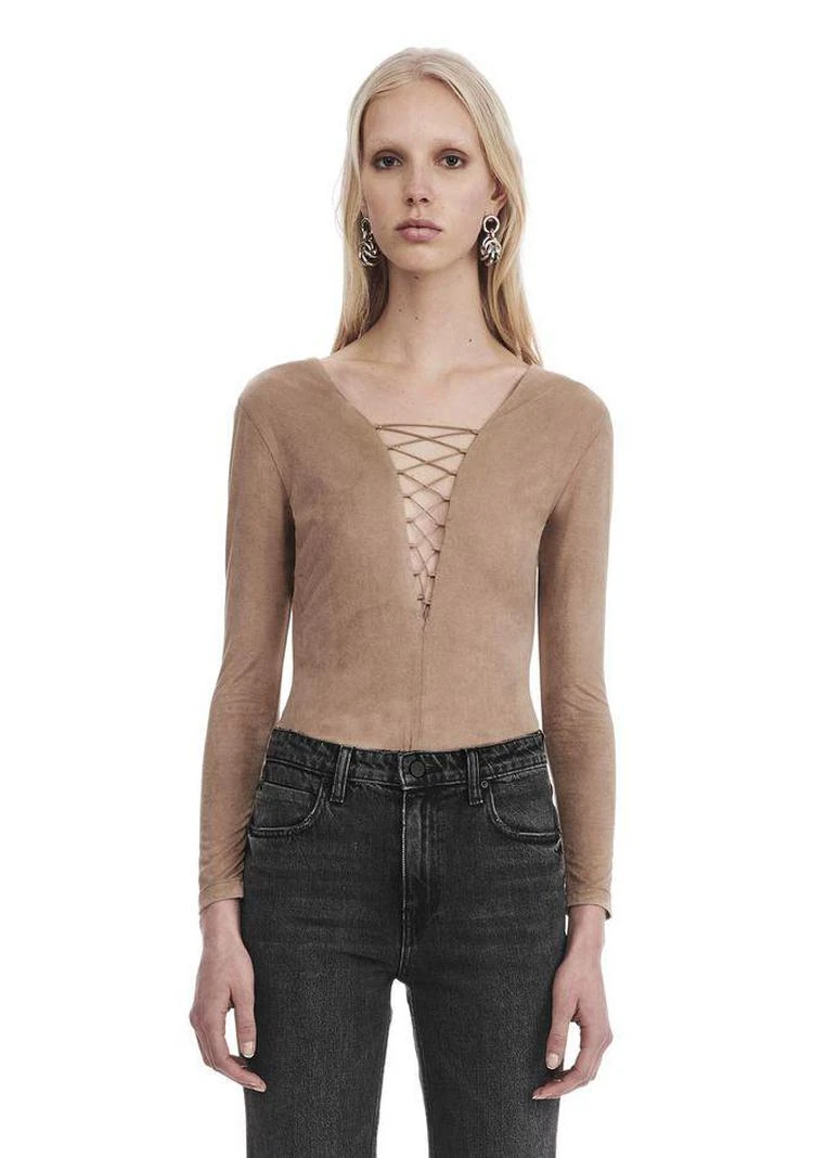 商品Alexander Wang|STRETCH FAUX SUEDE LONG SLEEVE LACE-UP BODYSUIT,价格¥1462,第3张图片详细描述