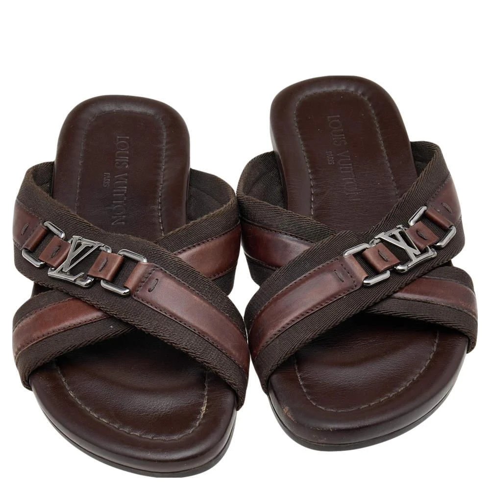 商品[二手商品] Louis Vuitton|Louis Vuitton Brown Leather And Fabric Cross Strap Logo Flat Sandals Size 40,价格¥1648,第3张图片详细描述