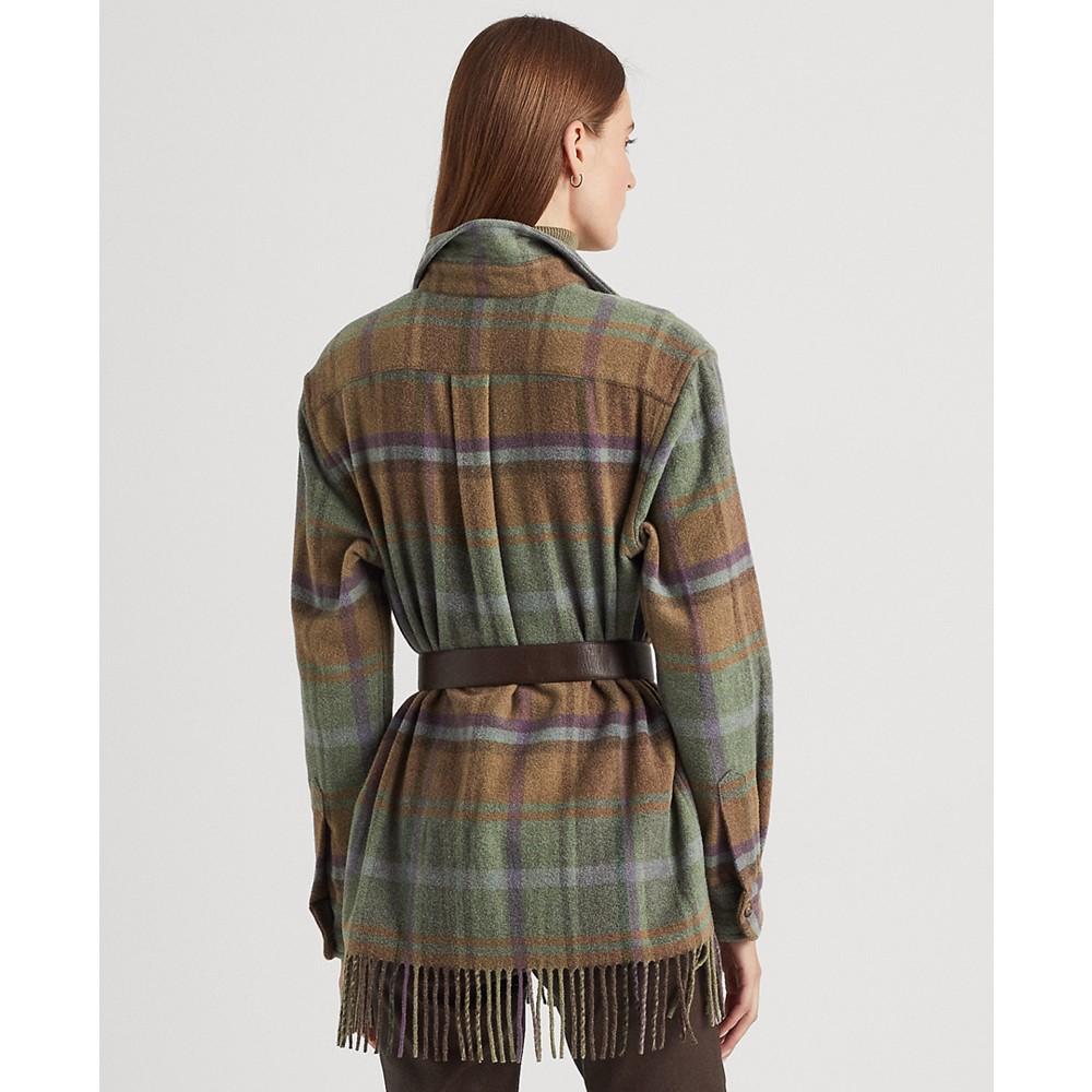 Plaid Fringe-Trim Twill Shirt Jacket商品第2张图片规格展示