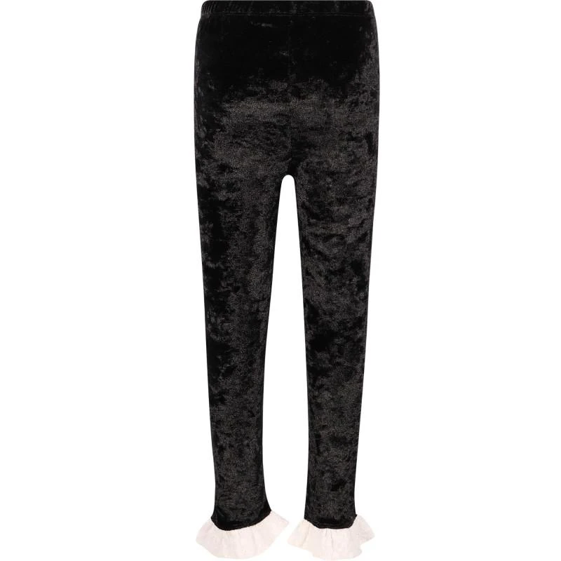 商品Mini Rodini|Crushed velour leggings with eyelet lace ruffles in black,价格¥433,第2张图片详细描述