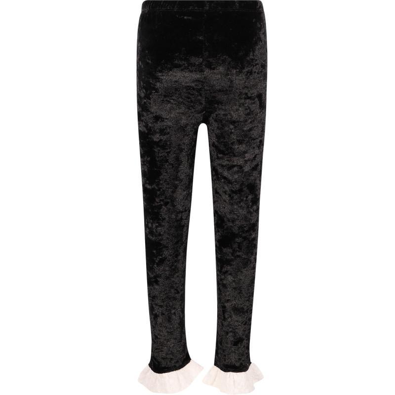 商品Mini Rodini|Crushed velour leggings with eyelet lace ruffles in black,价格¥318,第4张图片详细描述