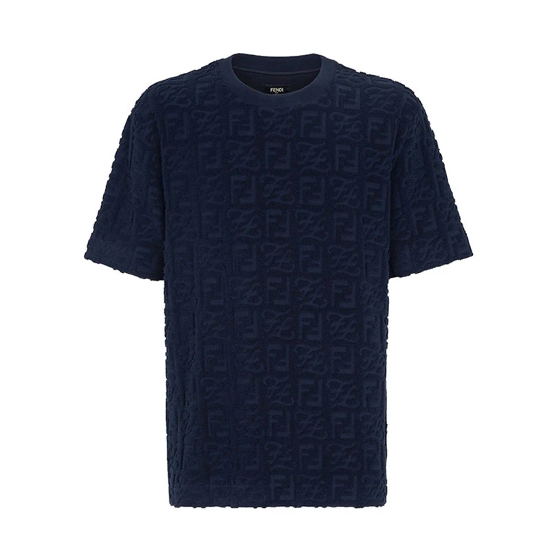 商品Fendi|【预售3-7天】FENDI/芬迪  男士蓝色棉质混纺毛圈效果老花图案短袖T恤FY0936A9RKF0QG3,价格¥5245,第1张图片