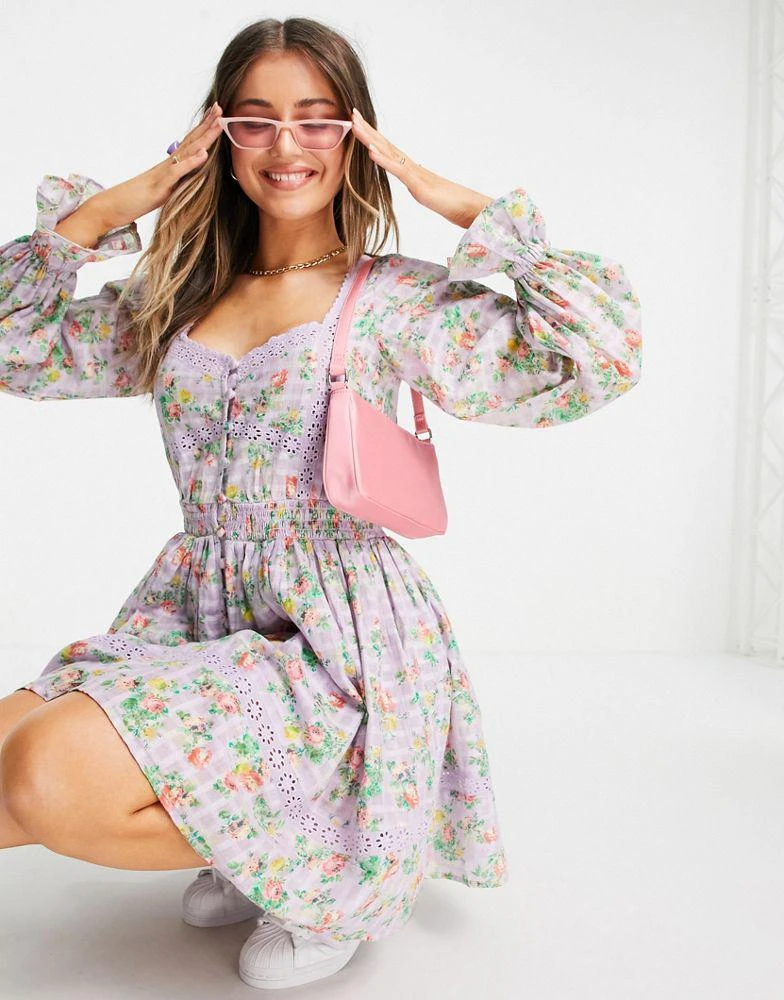 商品ASOS|ASOS DESIGN button through lace insert mini dress with elasticated waist in floral print,价格¥314,第1张图片