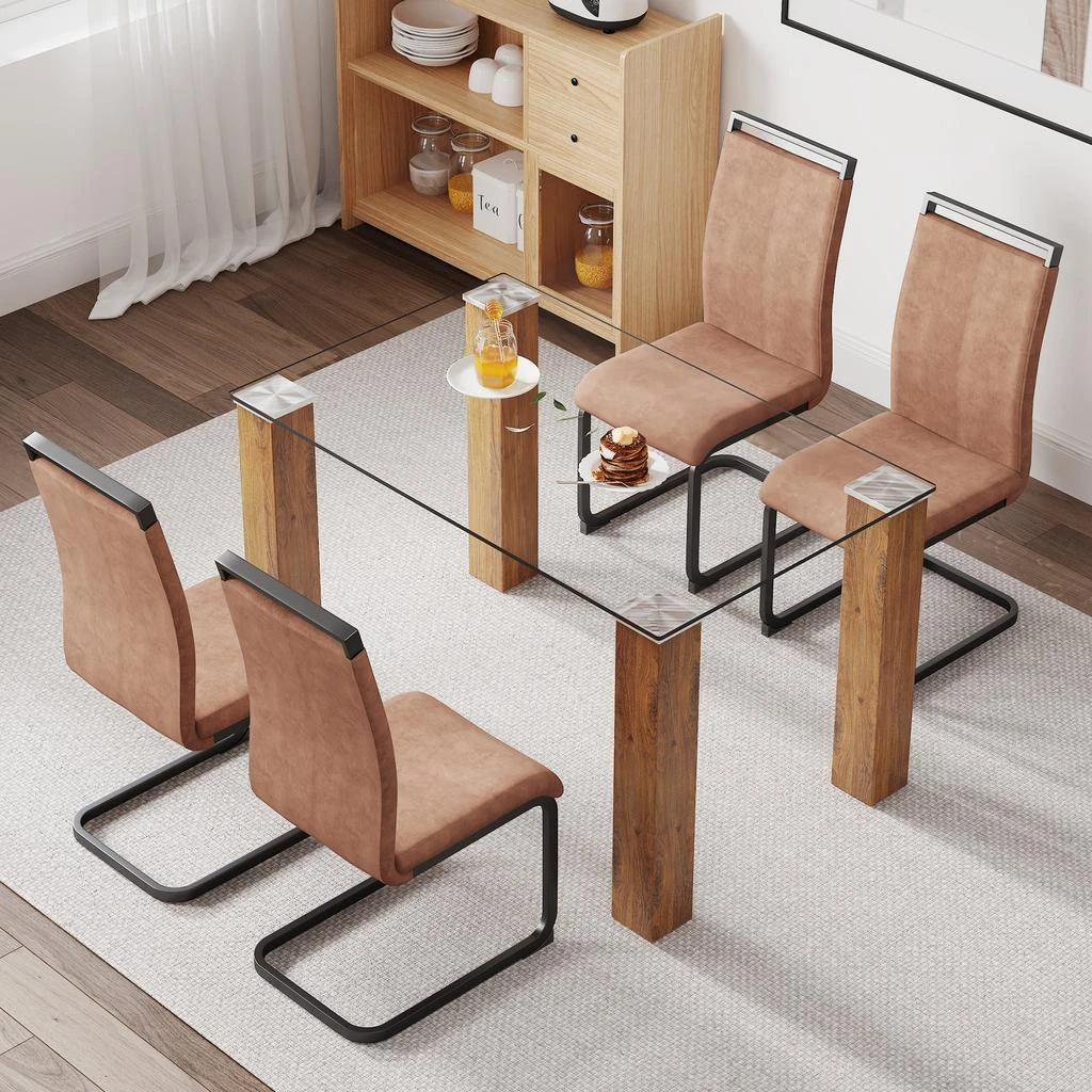 商品Streamdale Furniture|Streamdale Modern Glass Table & Brown Chair Set (1+4),价格¥5108,第1张图片