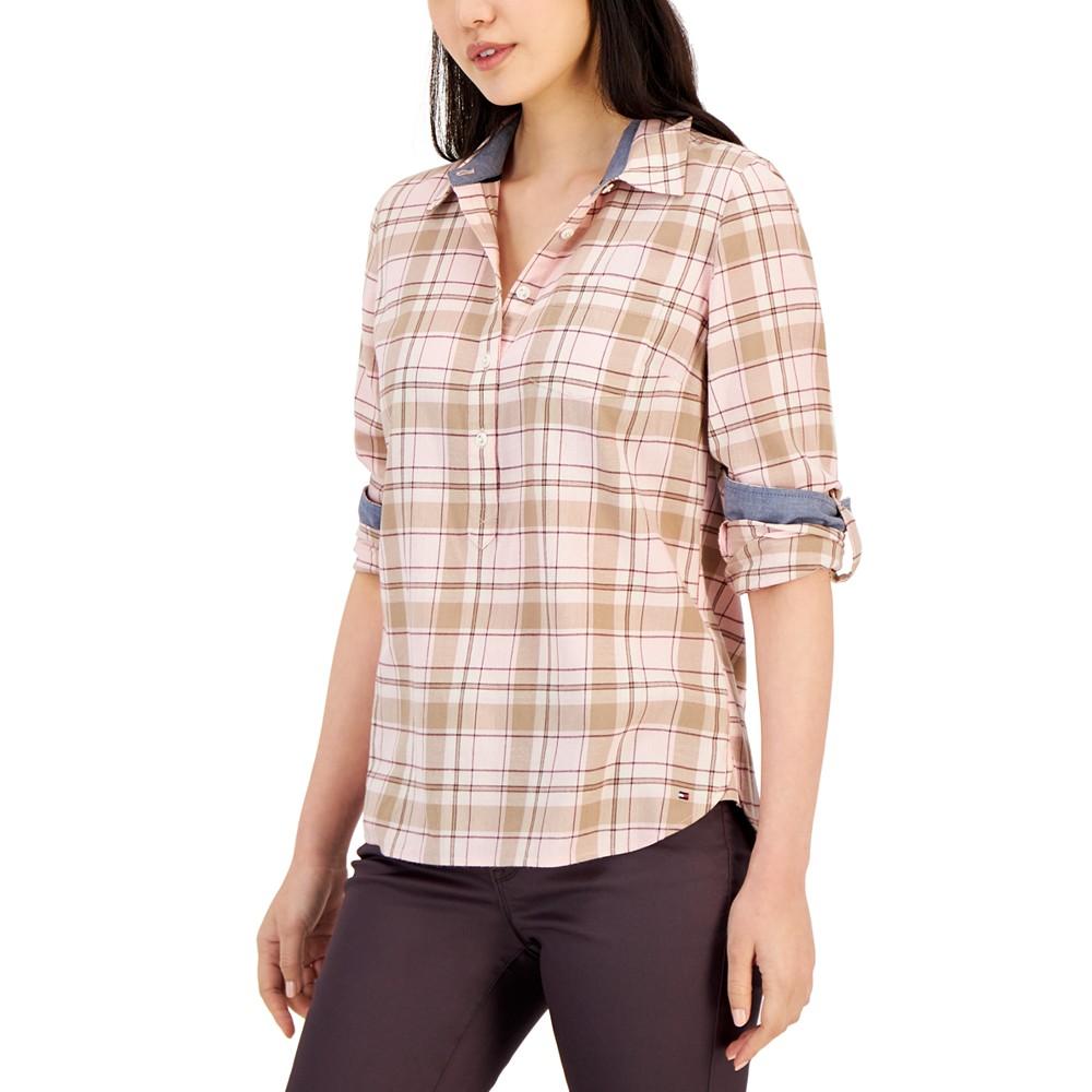 Women's Cotton Button-Popover Plaid-Print Shirt商品第3张图片规格展示