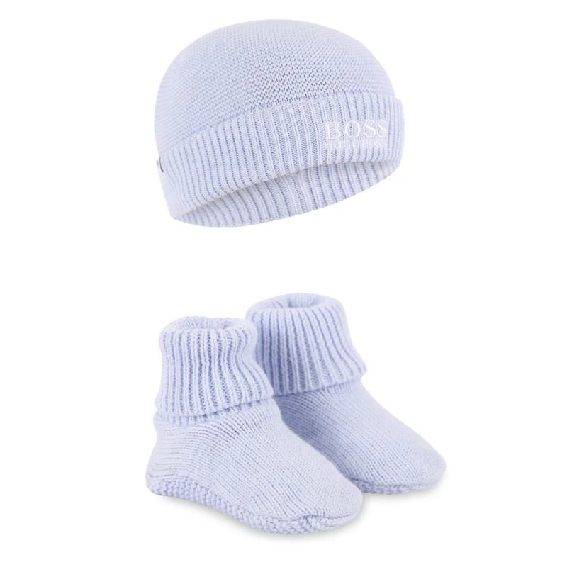 商品Boss Kids|Knit logo cap and baby shoes in light blue,价格¥646,第1张图片