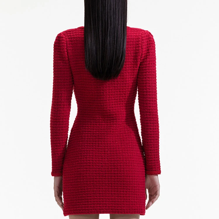 商品[国内直发] Self Portrait|self-portrait 蝴蝶结方领单排扣小香风敬酒服新娘伴娘礼服长袖连衣裙 女款 酒红色,价格¥4209,第4张图片详细描述
