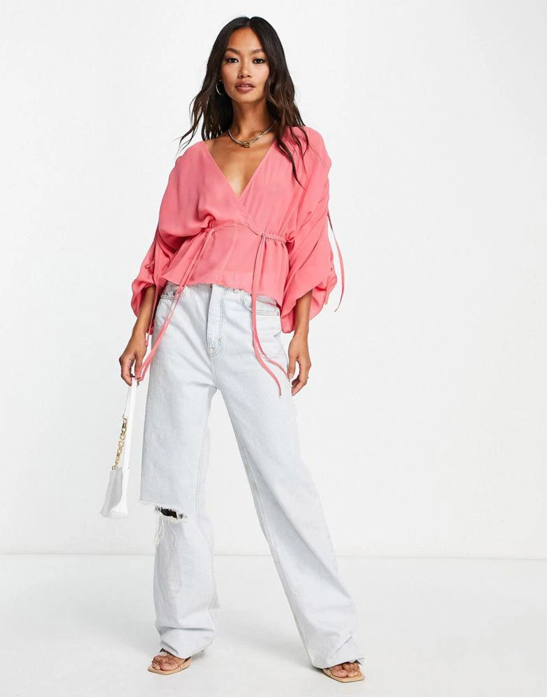 商品ASOS|ASOS DESIGN sheer ruched shoulder blouse with frill hem in pink,价格¥219,第4张图片详细描述