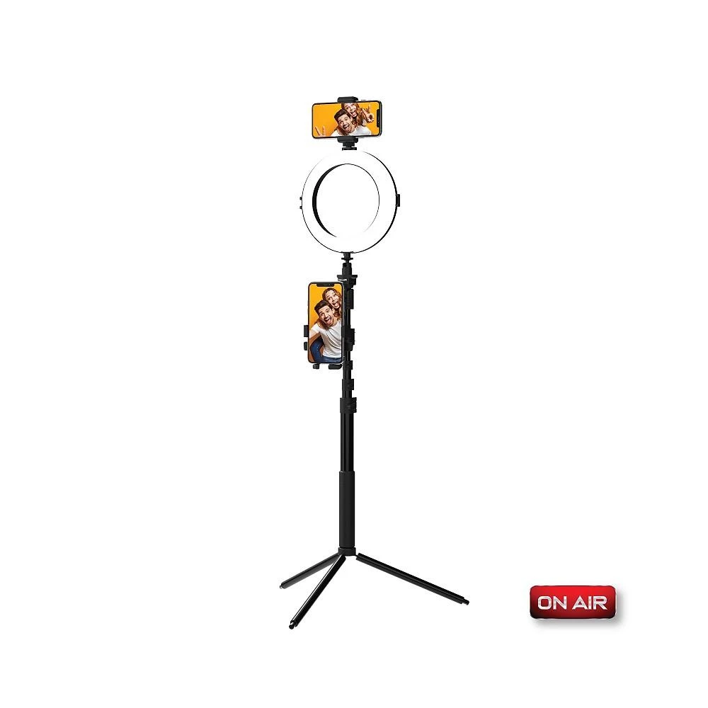 商品Tzumi|OnAir Multi-Media Station, Dual Phone Tripod Stand With 8" LED Ring Light and Selfie Stick Perfect for Podcasting Vlogging and YouTube,价格¥228,第1张图片