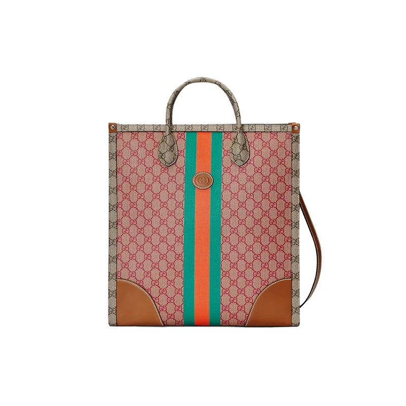 商品Gucci|【预售3-7天】古驰23新款兔年限定系列男士粉色/米色/乌木色帆布配皮条纹图案钩扣开合手提托特包723885FAA068343,价格¥16340,第1张图片