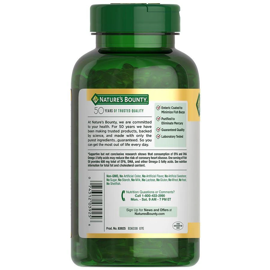 商品Nature's Bounty|Omega-3 Fish Oil Softgels, Odorless, 1,000 Mg,价格¥234,第2张图片详细描述