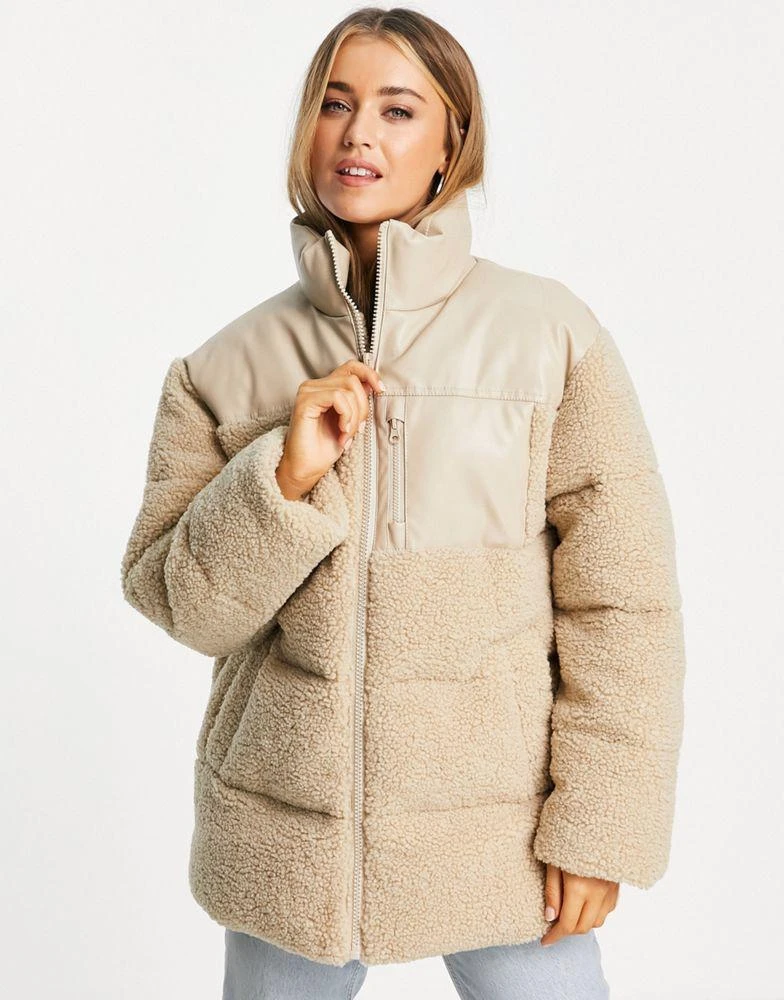 商品ASOS|ASOS DESIGN faux leather patched fleece puffer jacket in stone,价格¥389,第4张图片详细描述