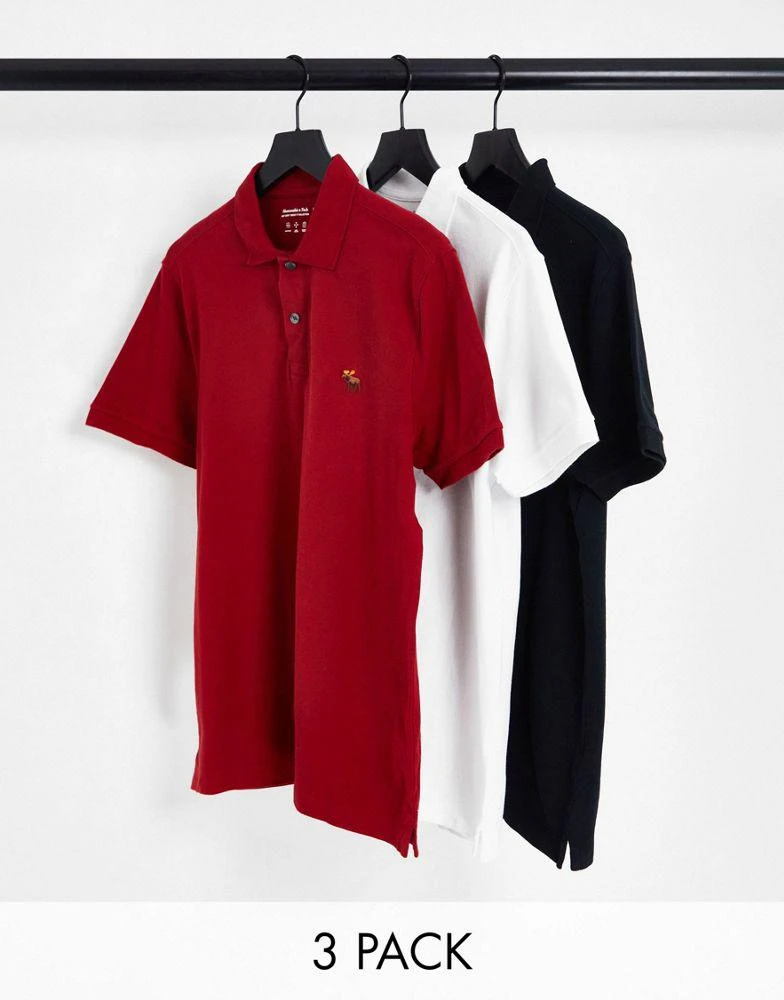 商品Abercrombie & Fitch|Abercrombie & Fitch 3 pack 3D icon logo slim fit pique polo in black/white/red,价格¥639,第1张图片