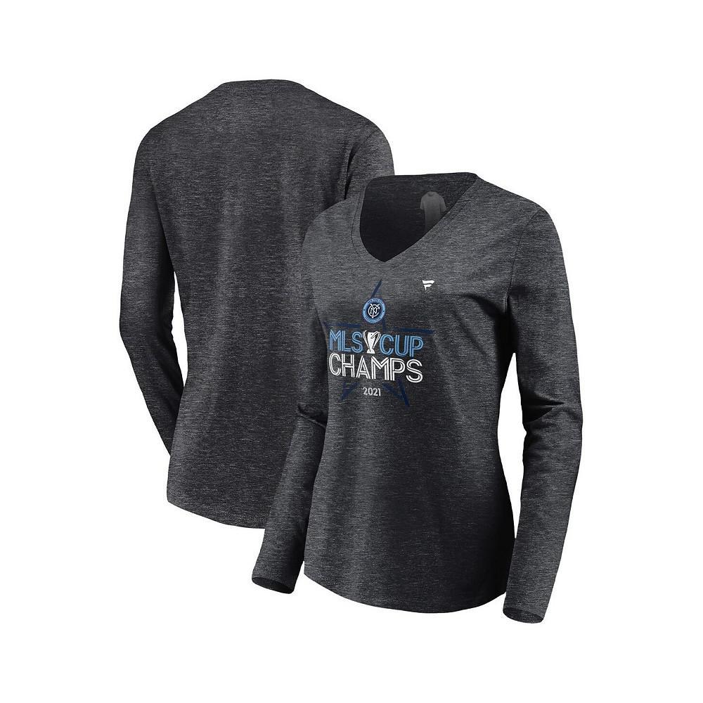 商品Fanatics|Women's Branded Heathered Charcoal New York City FC 2021 MLS Cup Champions Locker Room Long Sleeve V-Neck T-shirt,价格¥331,第1张图片