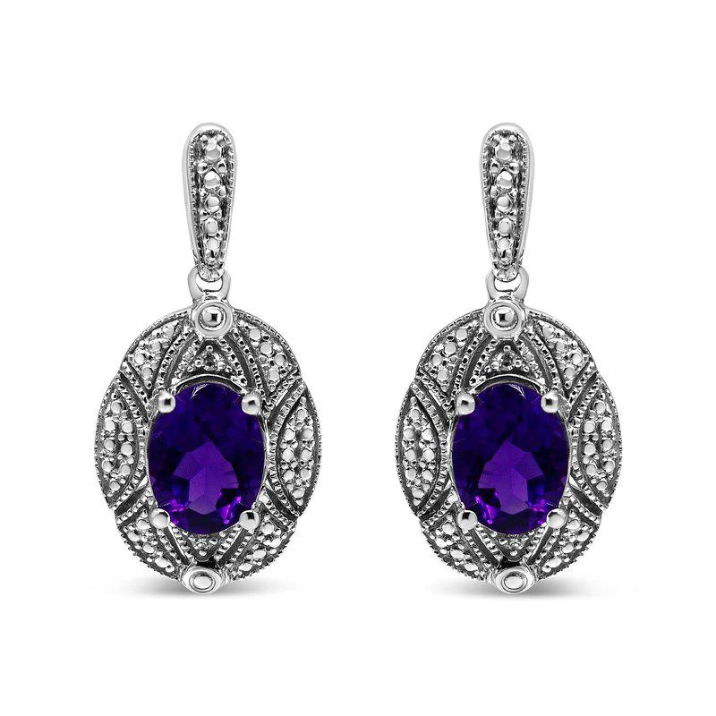 商品Haus of Brilliance|.925 Sterling Silver Diamond Accent And 8 x 6 mm Purple Oval Amethyst Stud Earrings I-J Color, I1-I2 Clarity,价格¥3465,第1张图片