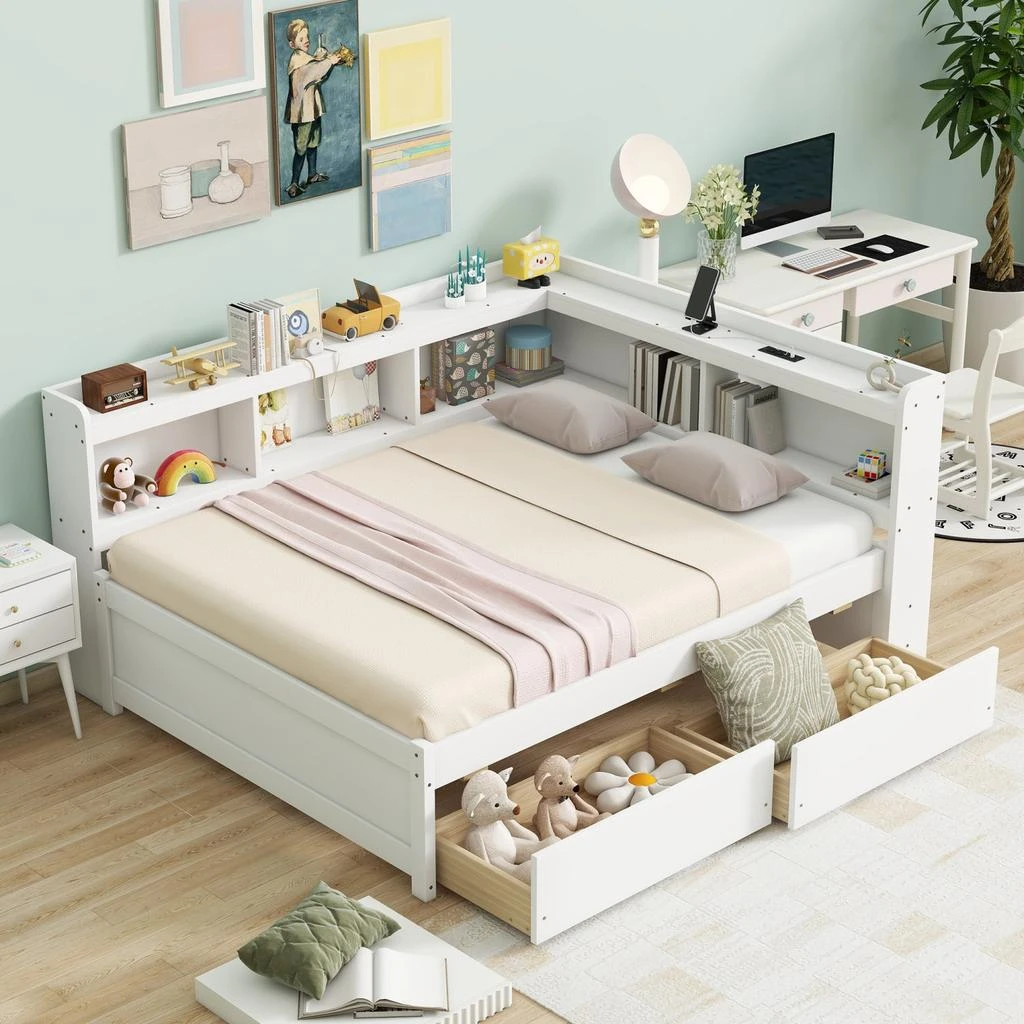 商品Streamdale Furniture|Streamdale L-Shaped Bookcase Bed with Power, USB & Drawers - White,价格¥6980,第1张图片
