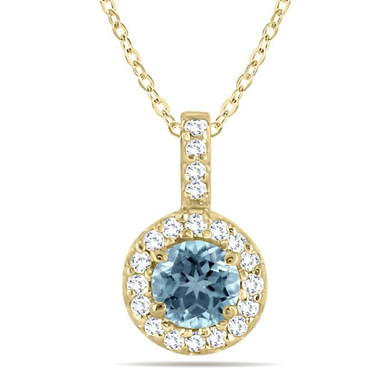 商品Monary|1/2 Carat TW Halo Aquamarine And Diamond Pendant in 10K Yellow Gold,价格¥2465,第1张图片