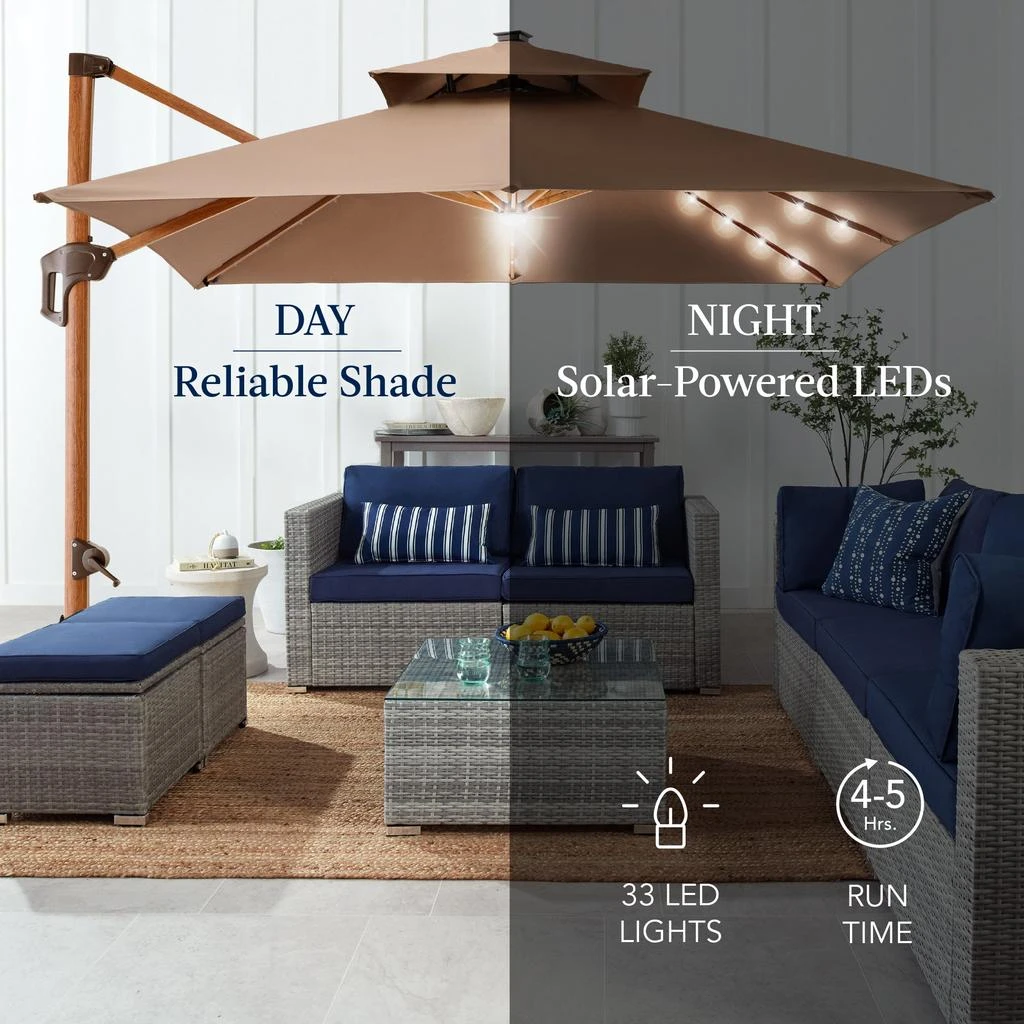 商品Best Choice Products|10ft Square Woodgrain Pattern 2-Tier Outdoor Solar LED Cantilever Umbrella w/ Base - Tan,价格¥3746,第5张图片详细描述