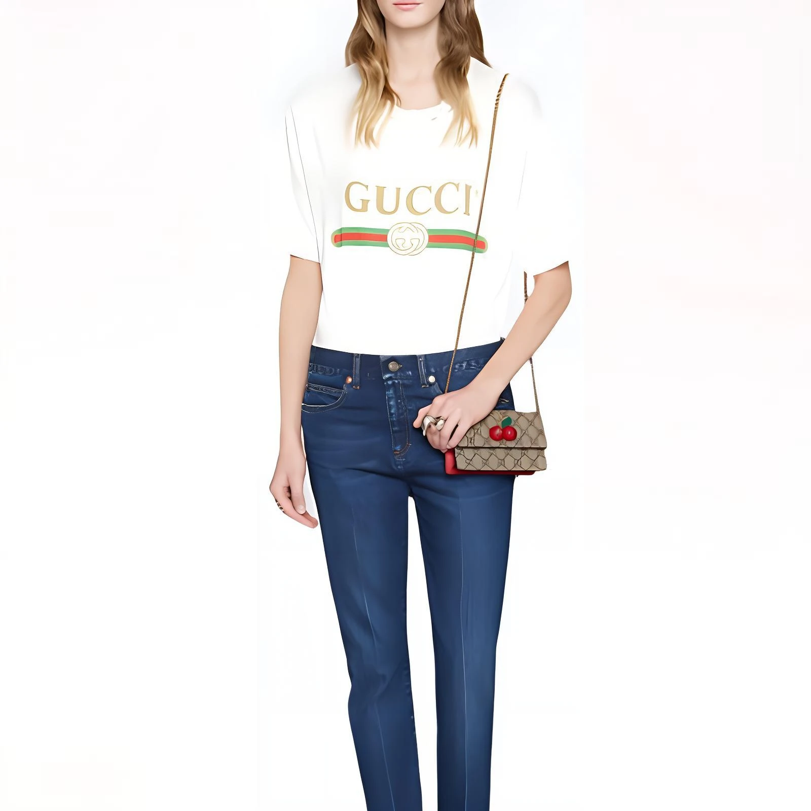 商品[国内直发] Gucci|古驰 立体樱桃装饰老花Logo 帆布拼皮 帆布包链条包斜挎单肩包 迷你 女款 乌木色/红色,价格¥5633,第6张图片详细描述