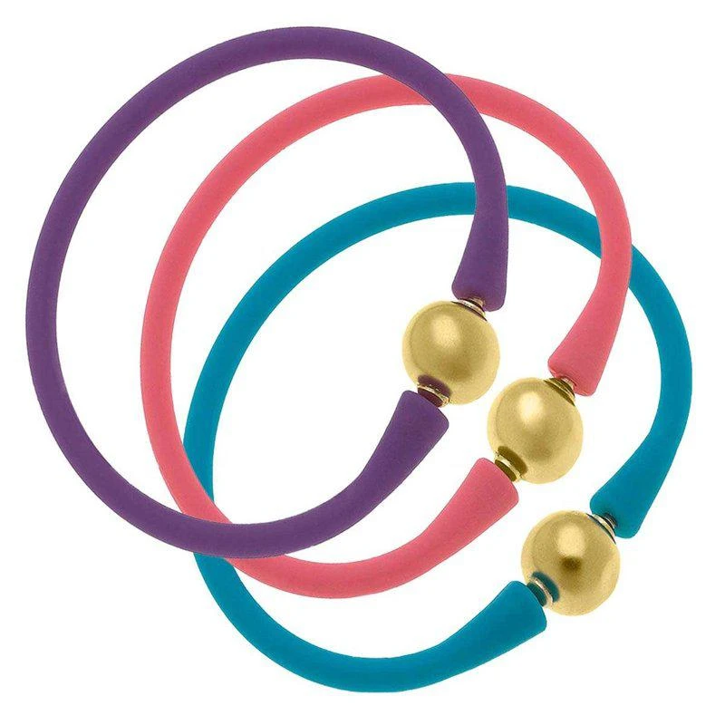 商品Canvas Style|Bali 24K Gold Bracelet Set of 3 in Pink, Purple & Teal,价格¥574,第1张图片