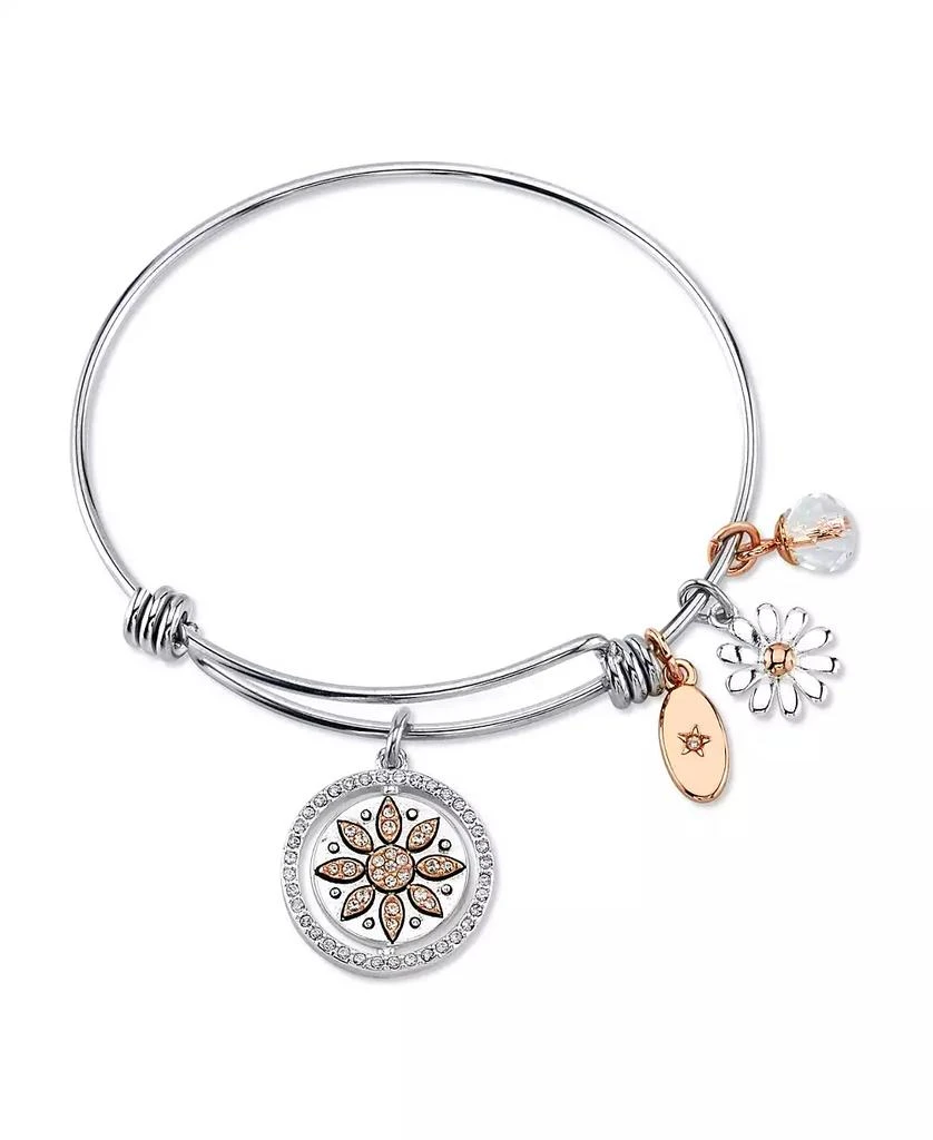 商品Unwritten|"Live Laugh Love" Flower Bangle Bracelet in Stainless Steel & Rose Gold-Tone with Silver Plated Charms,价格¥173,第1张图片