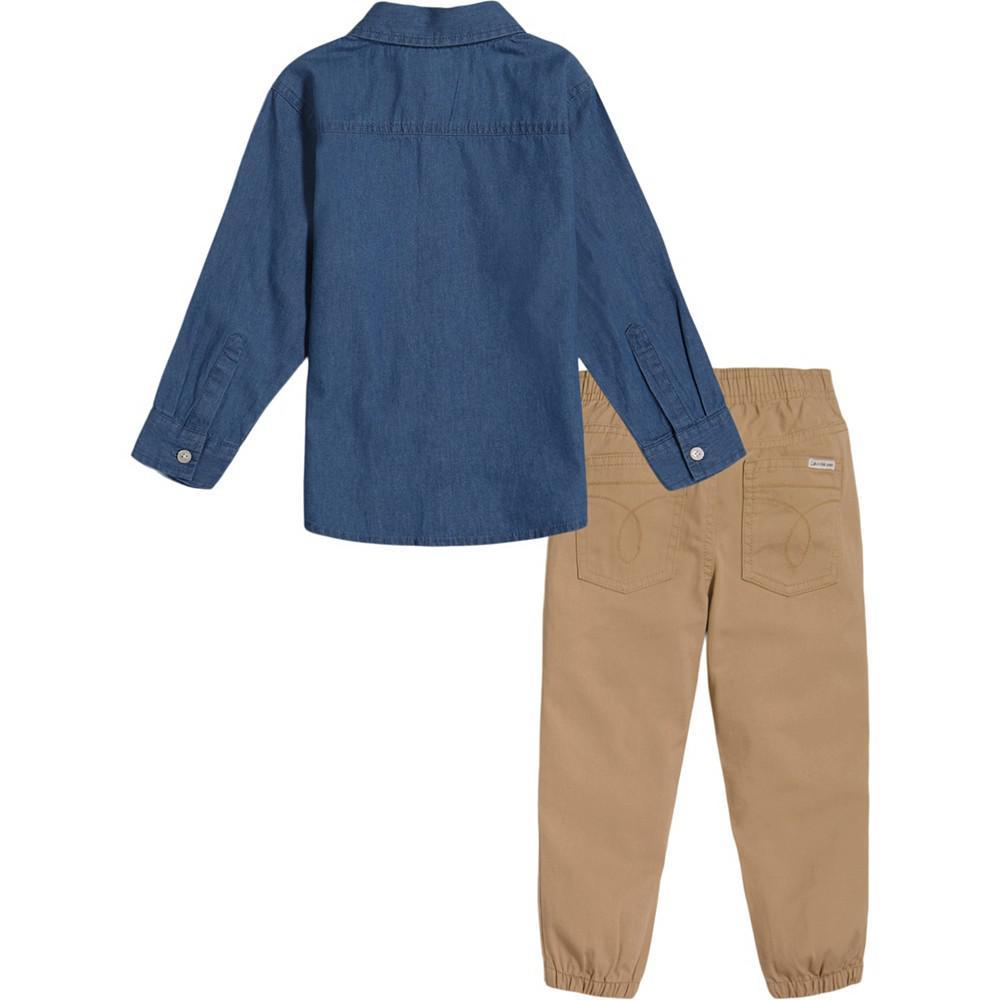 商品Calvin Klein|Little Boys Pre-Washed Denim Logo Button-Front Shirt and Twill Joggers, 2 Piece Set,价格¥291,第4张图片详细描述