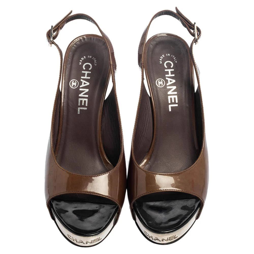 商品[二手商品] Chanel|Chanel Olive Green Patent Leather CC Slingback Platform Sandals Size 37.5,价格¥2452,第3张图片详细描述