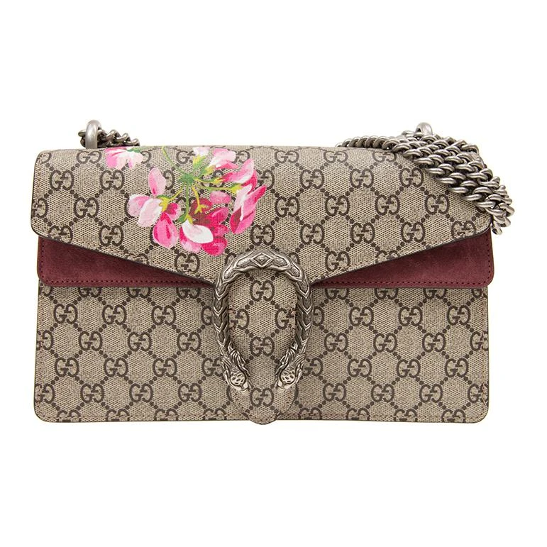 商品[国内直发] Gucci|古驰 Dionysus 酒神GG Blooms 虎头扣 老花Logo 天竺葵印花 帆布拼皮 链条斜挎单肩包 女款 乌木色/粉色,价格¥18790,第1张图片