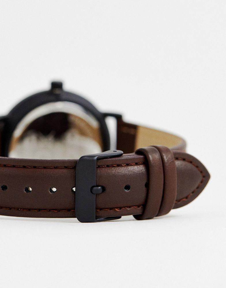 商品ASOS|ASOS DESIGN classic watch with matte black case and faux leather strap in brown,价格¥158,第6张图片详细描述