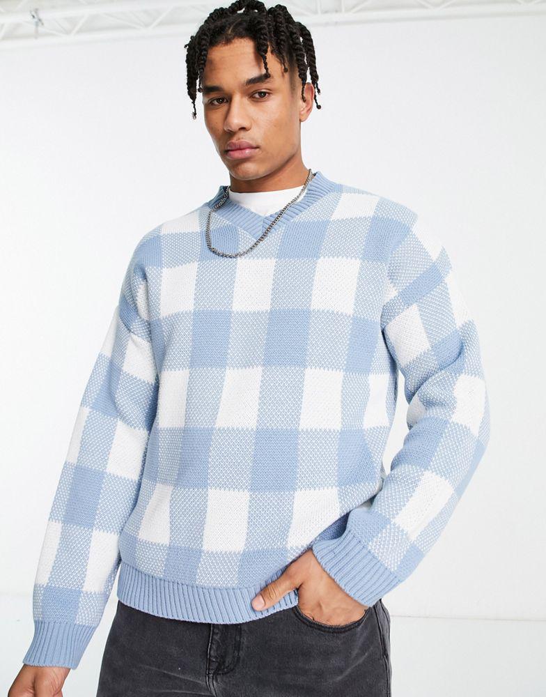 ASOS DESIGN knitted jumper in blue gingham商品第3张图片规格展示