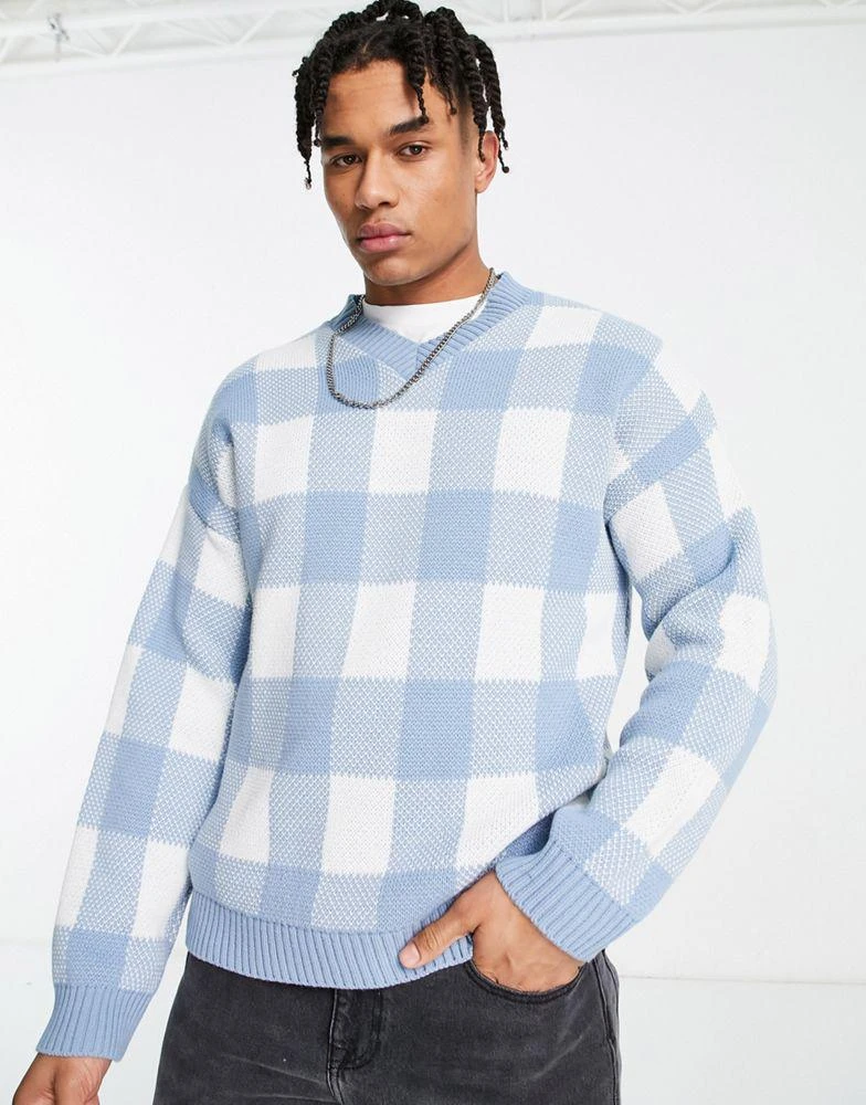 商品ASOS|ASOS DESIGN knitted jumper in blue gingham,价格¥209,第3张图片详细描述